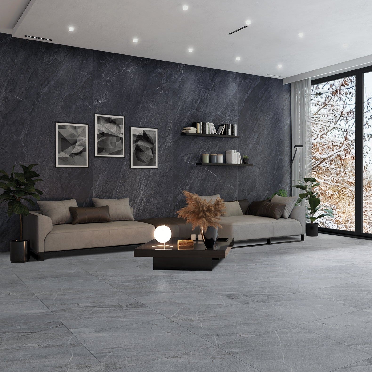 Agathos Grey matte porcelain tile with a stone design, for floors and walls. Made in Italy, installed in a room.