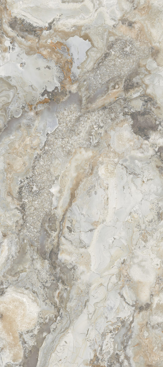 Ambre Cloud polished porcelain tile with a beige marble design, for floors and walls. Made in Italy, in a 24x48" size.