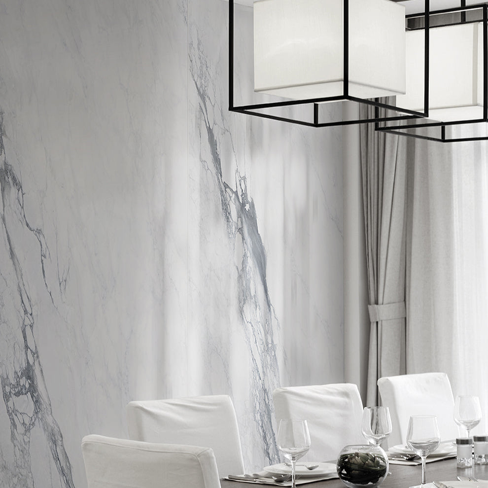 Bernini polished porcelain slab with a white marble design, for feature walls. Made in Italy, in a 4x9' size.