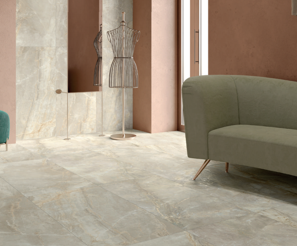 Charisma Ivory stone look matte porcelain tile for floor and wall made in Italy. Installed in room.