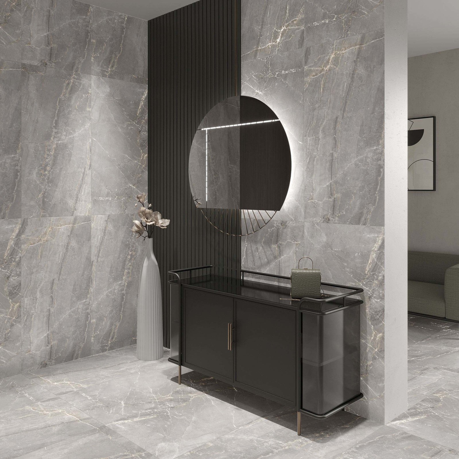 Charisma Pearl grey stone look matte porcelain tile for floor and wall made in Italy. Installed in room.