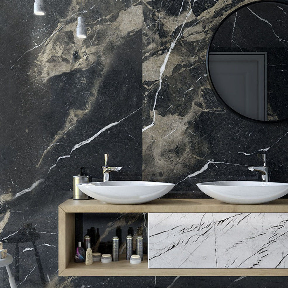 Galaxy polished porcelain tile with a black marble design, for floors and walls. Made in Italy, installed in a room.