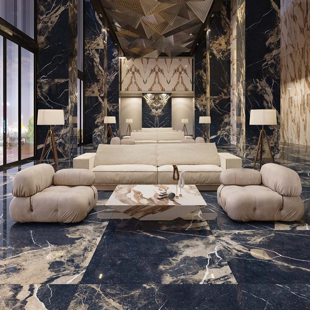 Galaxy polished porcelain tile with a black marble design, for floors and walls. Made in Italy, installed in a room.