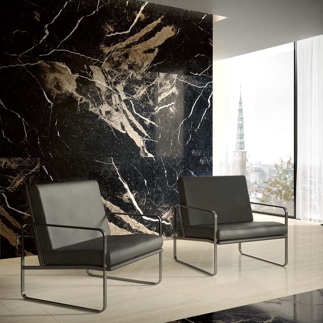 Galaxy polished porcelain slab with a black marble design, for feature walls. Made in Italy, in a 4x9' size.