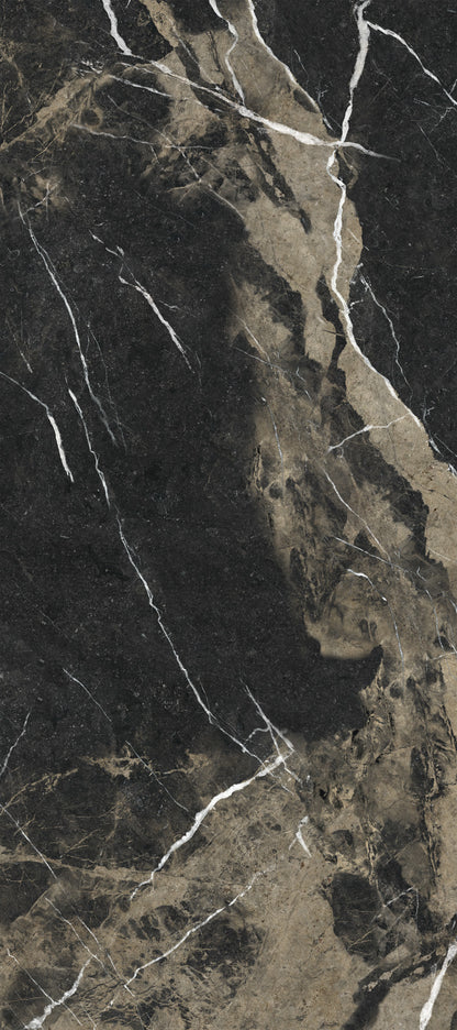 Galaxy polished porcelain slab with a black marble design, for feature walls. Made in Italy, in a 4x9' size.