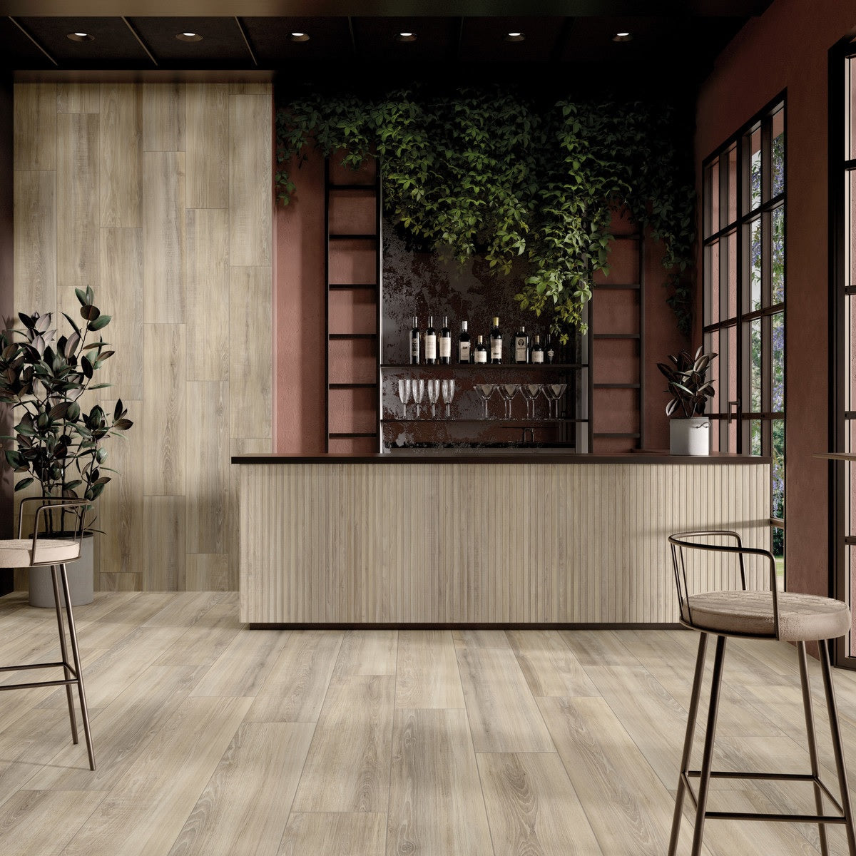 Ikon Amber matte porcelain tile with a fluted wood design, for feature walls. Made in Italy, installed in a room.