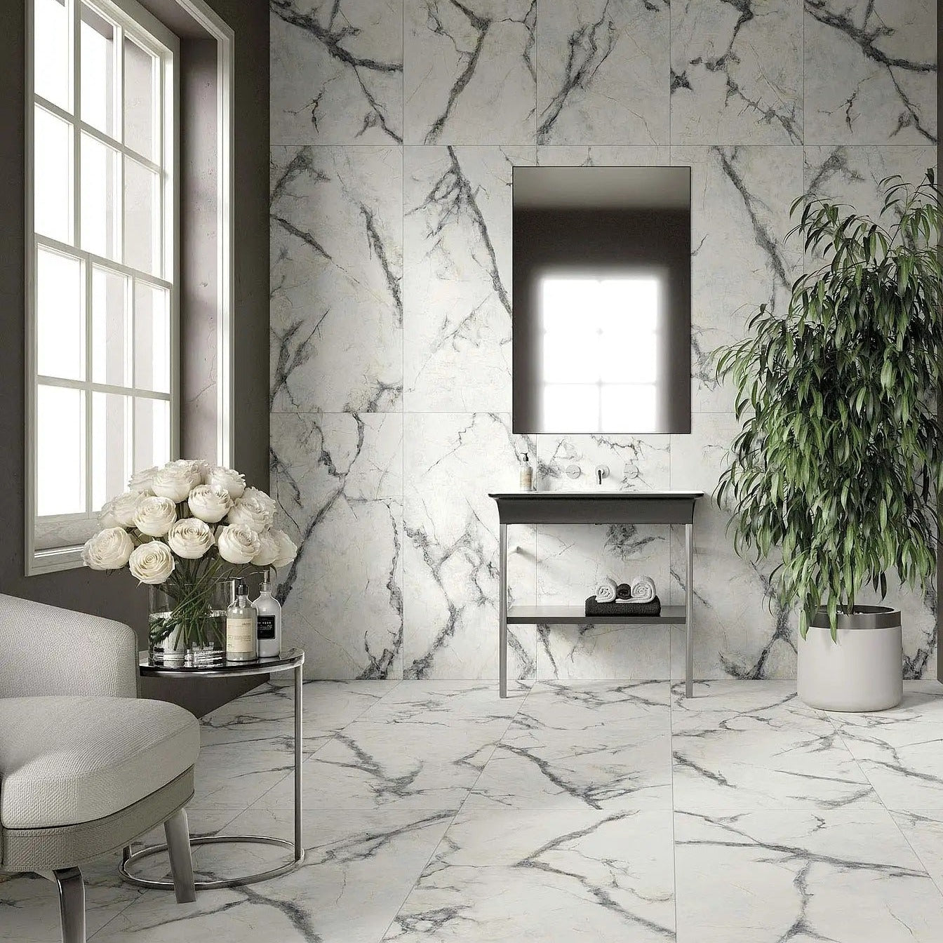 Invisible white marble style matte porcelain tile for floor and wall made in Italy. Installed in room.