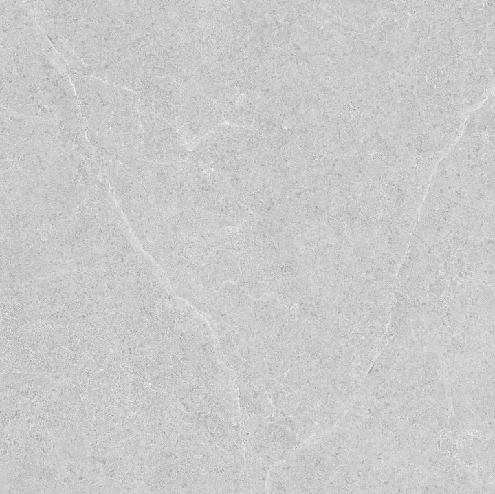 Lithos Stone Pearl matte porcelain tile with a grey stone design, for floors and walls. In a 24x24" size.