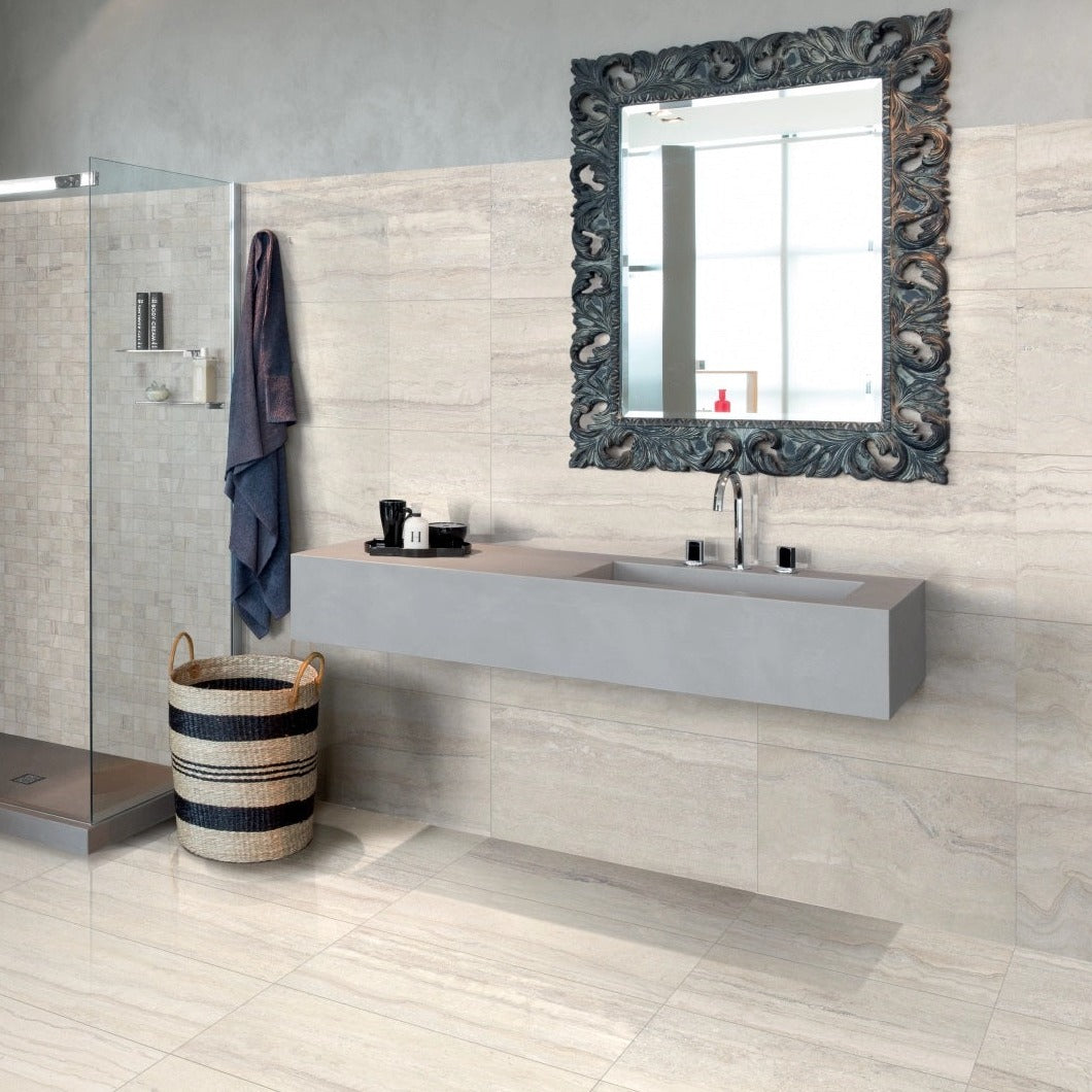 Memento Bianco white travertine style polished porcelain tile for floor and wall made in Italy. Installed in room.