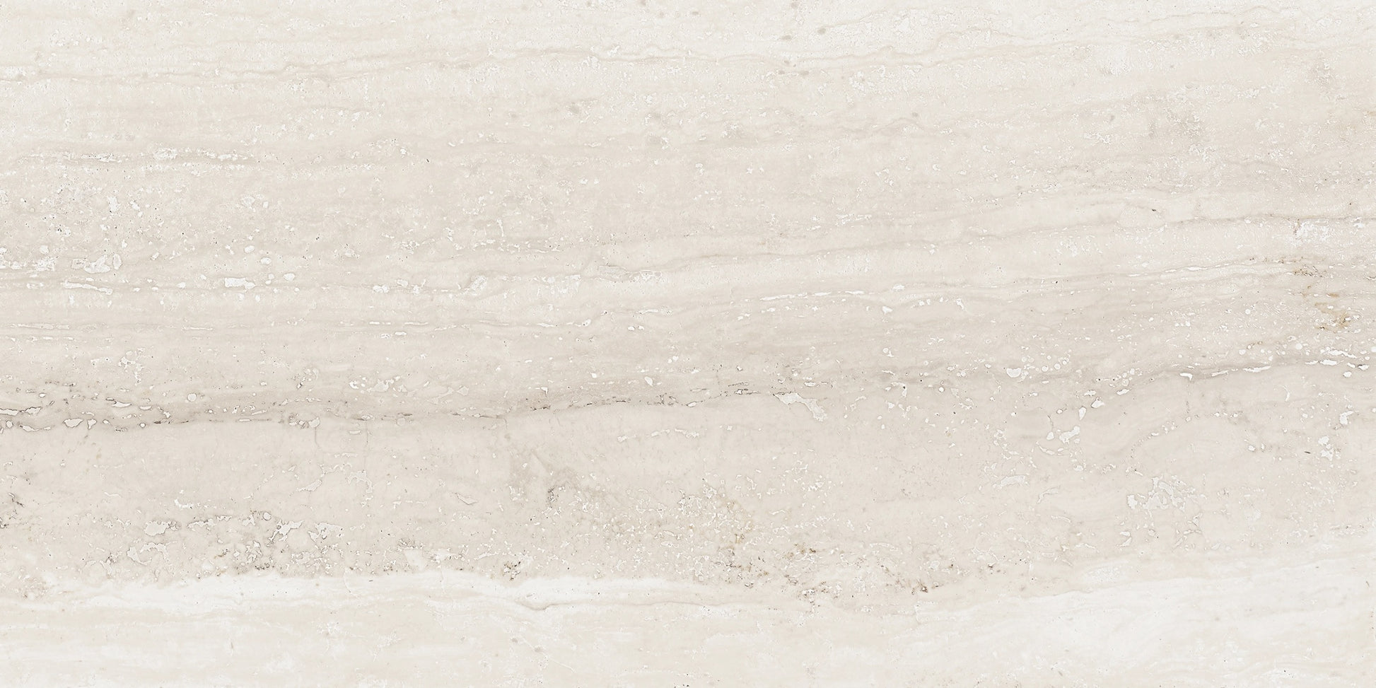 Memento Bianco white travertine style polished porcelain tile for floor and wall made in Italy. 12x24" and 24x48" size.