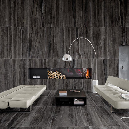 Memento Black travertine style polished porcelain tile for floor and wall made in Italy. Installed in room.