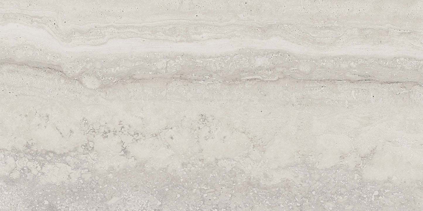 Memento Grey travertine style polished porcelain tile for floor and wall made in Italy. 12x24" and 24x48" size.