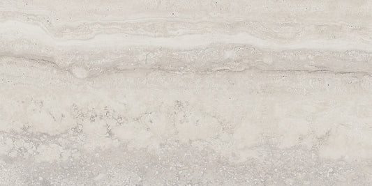 Memento Grey travertine style polished porcelain tile for floor and wall made in Italy. 12x24" and 24x48" size.