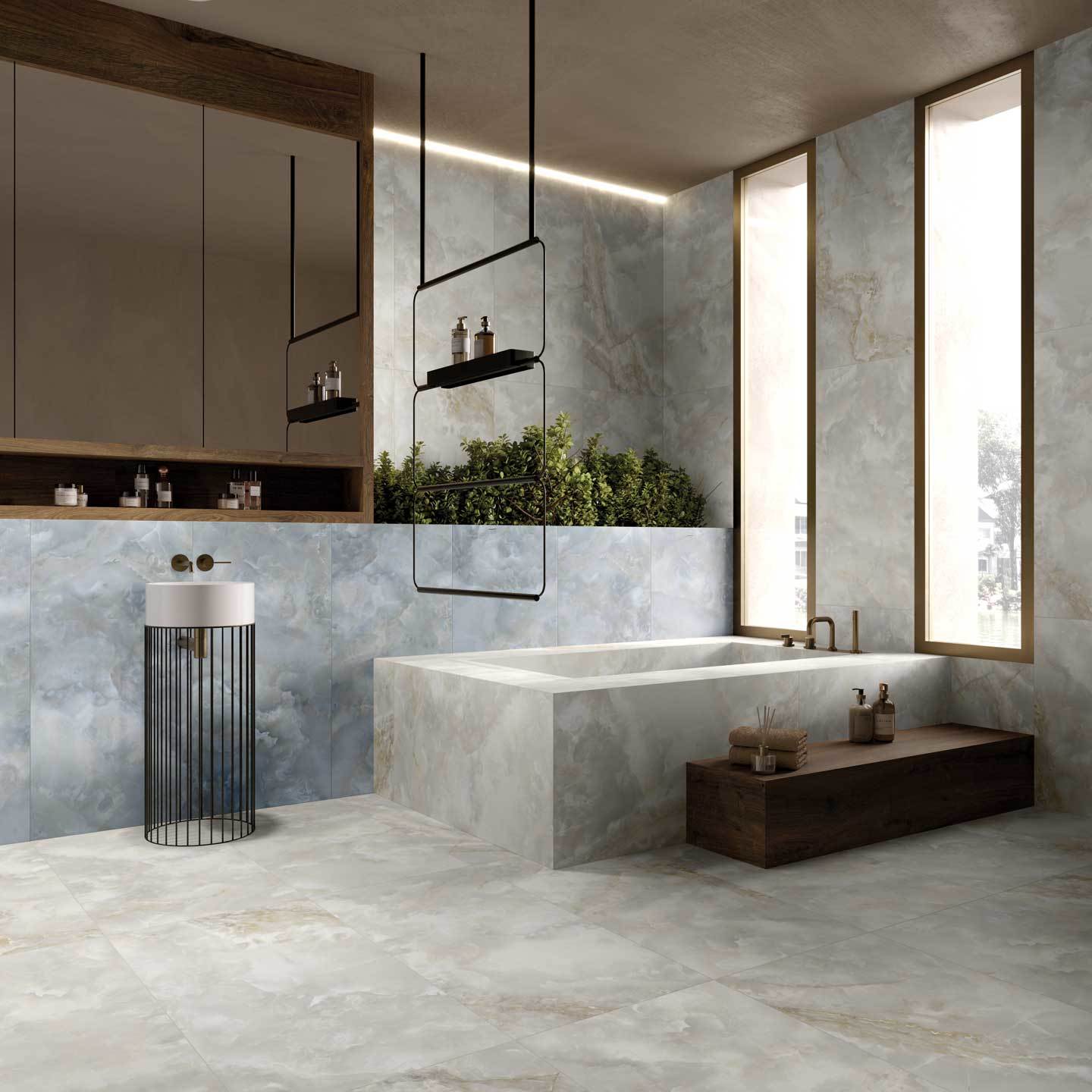 Onyx Blue matte porcelain tile with a natural onyx design, for floors and walls. Made in Italy, installed in a room.