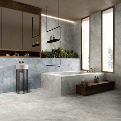 Onyx Blue matte porcelain tile with a natural onyx design, for floors and walls. Made in Italy, installed in a room.