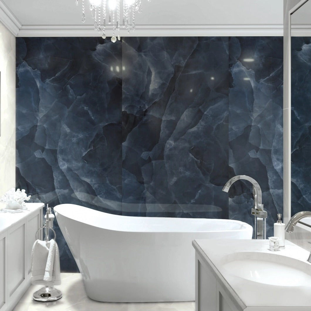 Onyx Blue polished porcelain tile with a natural onyx design, for floors and walls. Made in Italy, installed in a room.