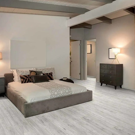 Sierra Grigio grey wood look matte porcelain tile for floor and wall made in Italy. Installed in room.