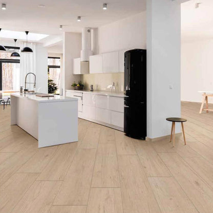 Sierra Rovere beige wood look matte porcelain tile for floor and wall made in Italy. Installed in room.