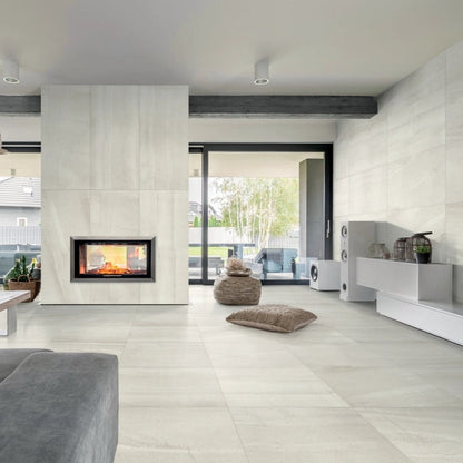 Stone Collection White stone look matte porcelain tile for floor and wall made in Italy. Installed in room.