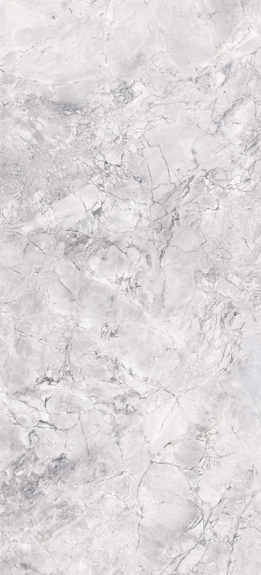 Super White polished porcelain tile with a grey marble design, for floors and walls. Made in Italy, in a 24x48" size.