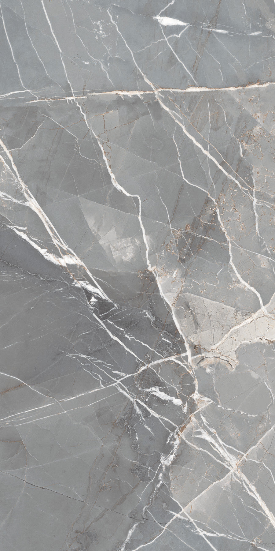 Thunder polished porcelain slab with a grey marble design, for feature walls. Made in Italy, in a 4x9' size.