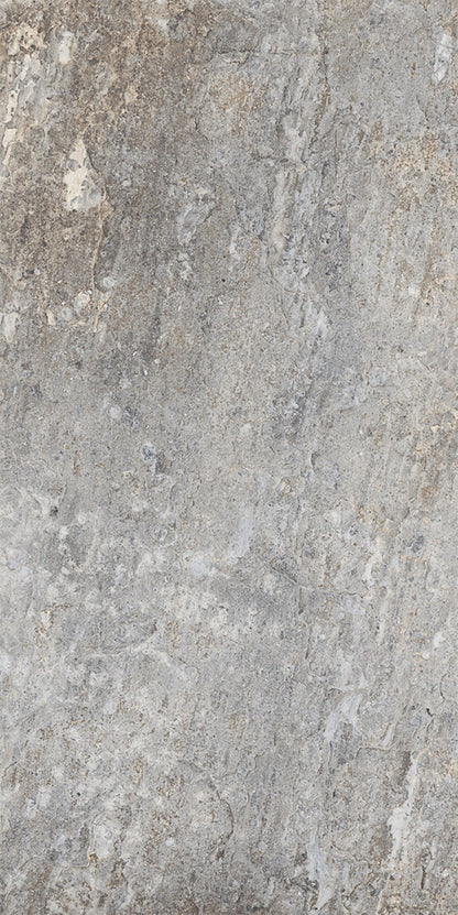 Urano Grigio matte porcelain tile with a grey stone design, for floors and walls. Made in Italy, in a 12x24" size.