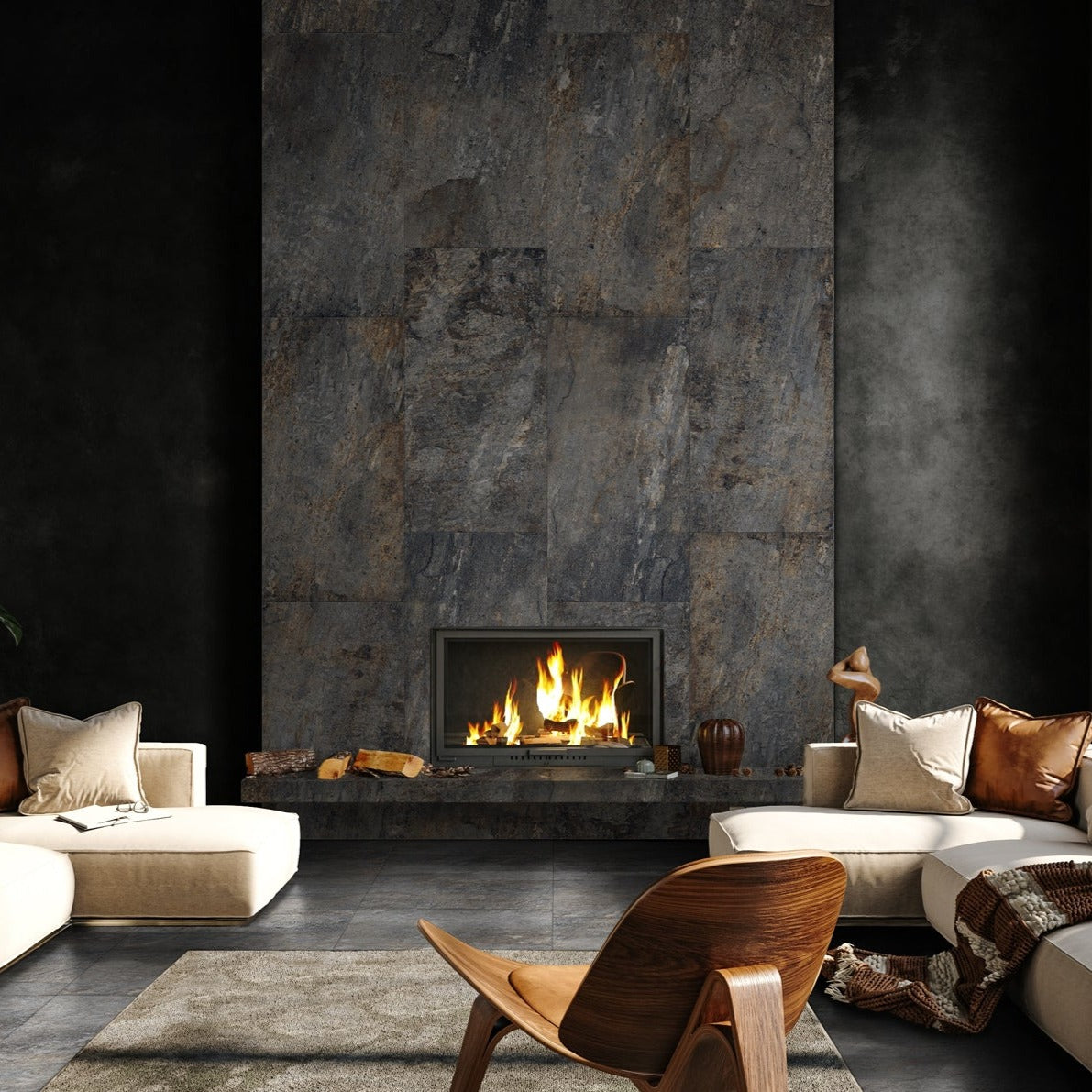 Urano Nero matte porcelain tile with a black stone design, for floors and walls. Made in Italy, installed in a room.