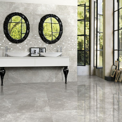 Vision Ash grey stone look polished porcelain tile for floor and wall made in Italy. Installed in room.