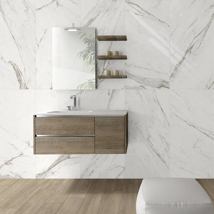 Vision Calacatta Brown white marble style polished porcelain tile for floor and wall made in Italy. Installed in room.