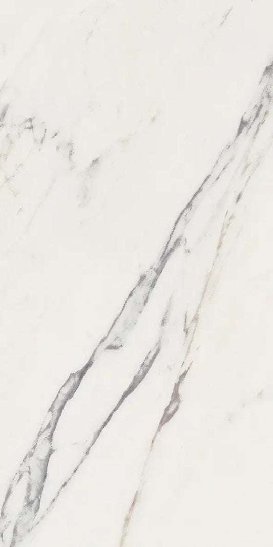 Vision Calacatta Grey white marble style polished porcelain tile for floor and wall made in Italy. 12x24" size.