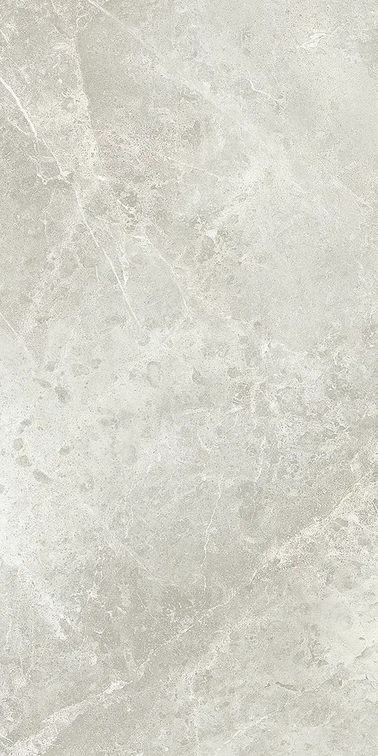 Vision Pearl light grey stone look polished porcelain tile for floor and wall made in Italy. 12x24" size.