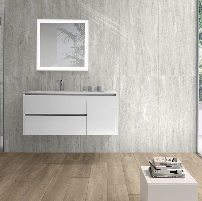 Vision Tivoli polished porcelain tile with a stone-look design, for floors and walls. Made in Italy, installed in a room.